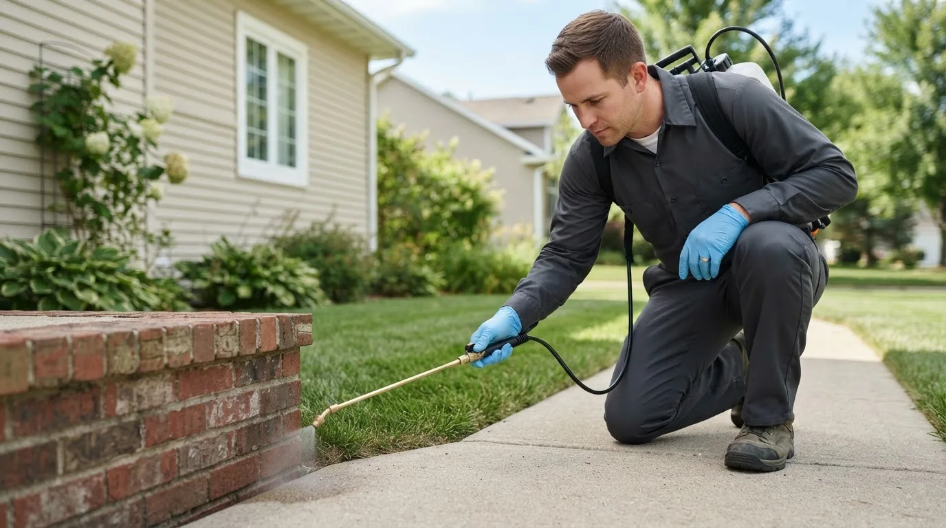 Pest control technician treating a home near Burlington, IA