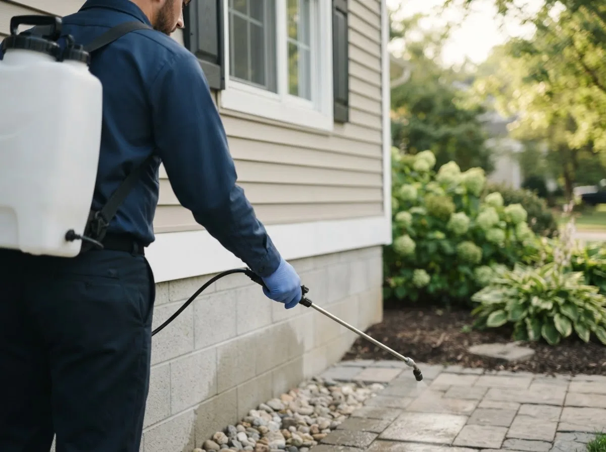Pest control technician inspecting a home in Burlington, IA